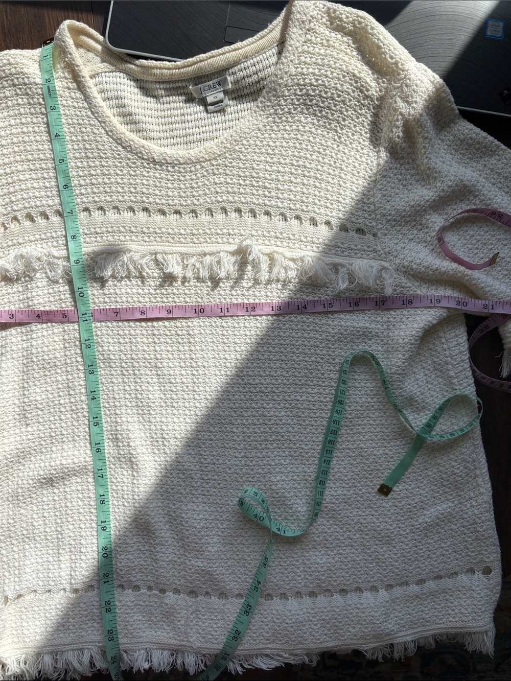 J. Crew Cream Fringe Short-Sleeve Knit Sweater Sz XL Boho Retro Western Knit - Picture 9 of 12